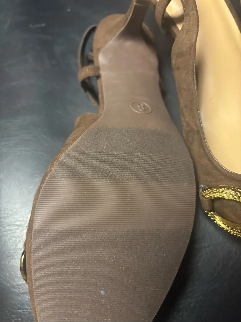 Brown Suede Pointed-Toe Slingback Flats with Gold Chain Accent